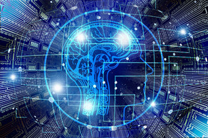 Künstliche Intelligenz Auf blauem Hintergrund ist mit weißen Linien ein Gehirn gezeichnet und ein Netzwerk ist aus weißen Punkten dargestellt.
